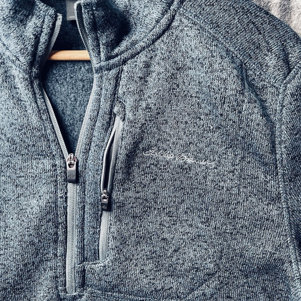 Eddie Bauer Men's Large 1/4 Zip Blue/Black Fleece Pullover Sweater Mock Neck